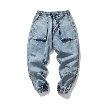 

New Denim Pant Men Hip Hop Loose Blue Harlan Jeans Men Denim Overalls Men Korean Style Clothing Streetwear Jogger Pants Male