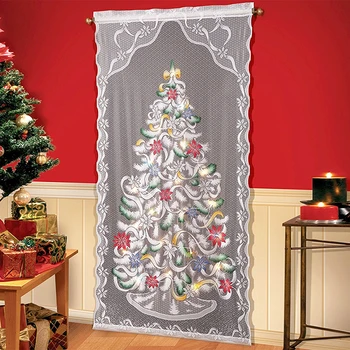 

Delicate Christmas Tree Pattern Flash String Lace Window Room Curtain With LED Light Valance Home Christmas Decoration Supplies