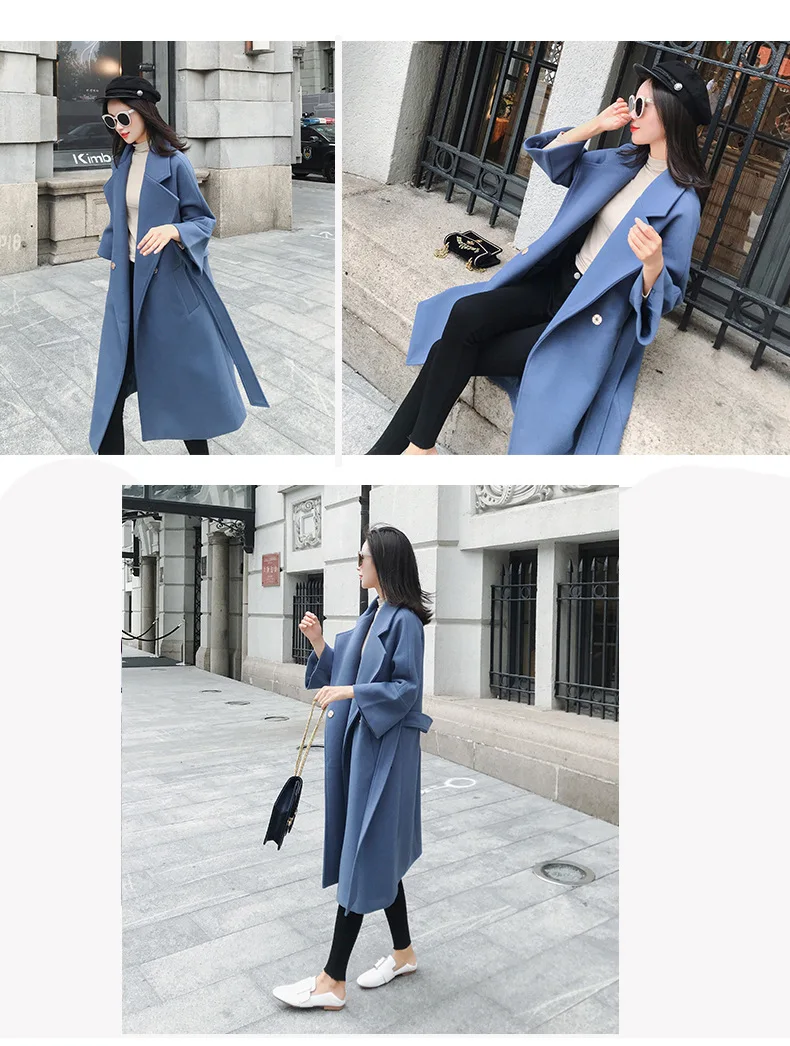 [EWQ] Осень элегантный стиль отложной воротник длинный рукав свободный покрой длинное шерстяное пальто высокого качества синие пальто Женская Шерсть QL385