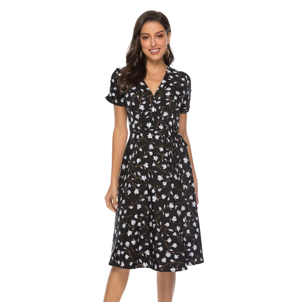 

Short Sleeve Casual Summer Holiday Midi Empire Waist V Neck Women Chiffon Beach Dress Printed Sundress Sexy Lace Up