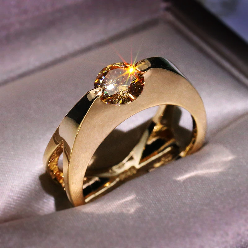 Anillos de Compromiso de lujo de Color dorado hombre y mujer, anillo brillante de cristal redondo, anillo de piedra de circón, bandas de boda, promesa de amor A4T249|Anillos| - AliExpress