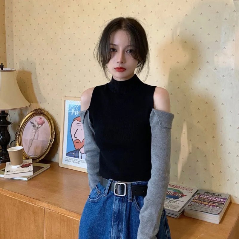 

Turtleneck Chic Sweater Women Hollow Out Off Shoulder Pullovers Patchwork Contrast Color Jumper Half Cropped Weater Tops