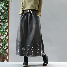 Осенне-зимняя женская джинсовая юбка в стиле ретро с эластичной резинкой на талии Весенняя женская Повседневная Свободная хлопковая юбка с вышивкой
