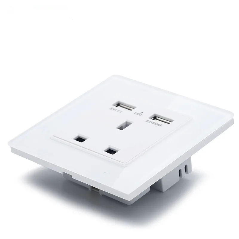 Стандарт Великобритании 1 комплект Розетка с 2 USB зарядкой 3 Pin белая стеклянная