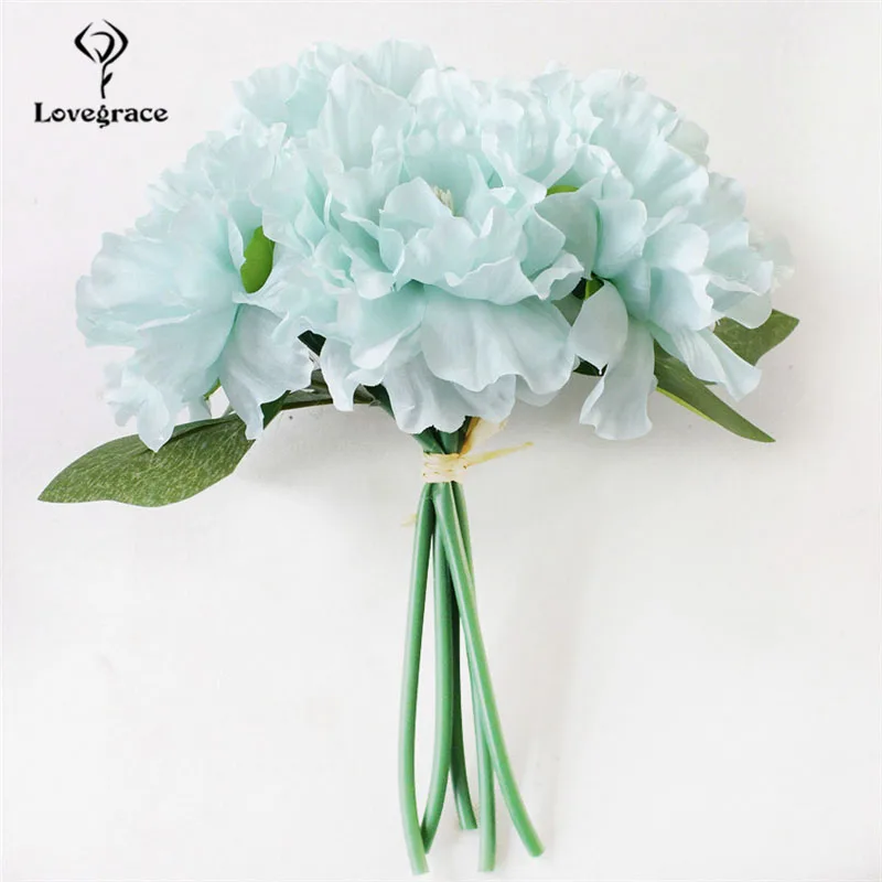 Lovegrace Bridesmaid Bouquet Artificial Silk Flower 5 Heads Peony Blue Bouquet Office Home Wedding Decor DIY Flower Arrangement