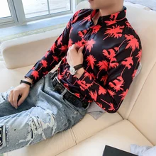 Новинка, осенние мужские рубашки с цветочным принтом, повседневные Гавайские рубашки на пуговицах с длинным рукавом, модные мужские рубашки с принтом, деловые рубашки