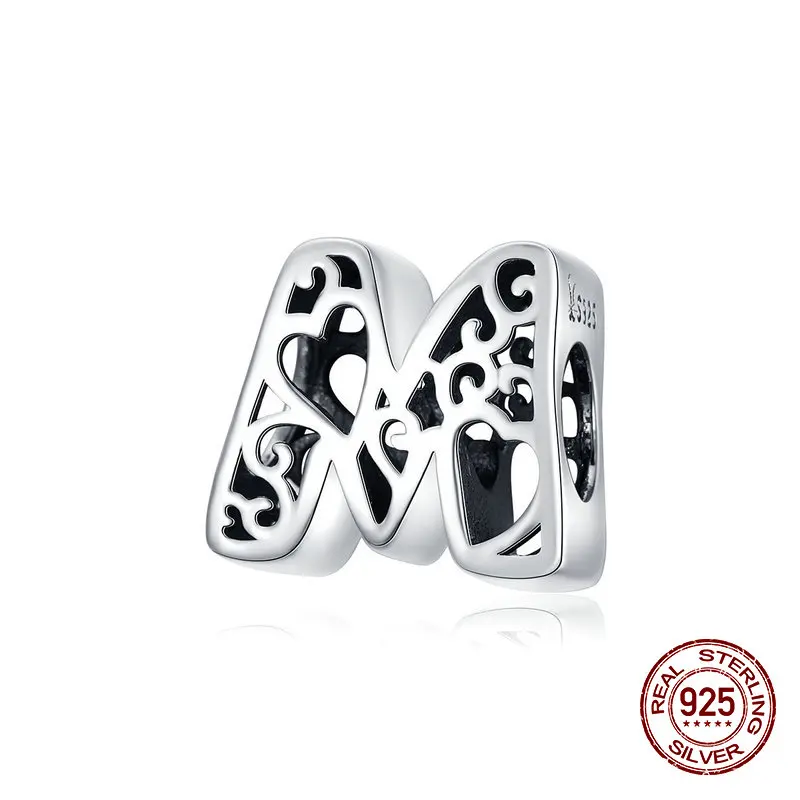 26 алфавитов, A-Z,, серебряные бусины 925 пробы, Подходит для Pandora, браслет, ожерелье, Подвеска для женщин, изготовление ювелирных изделий - Цвет: M