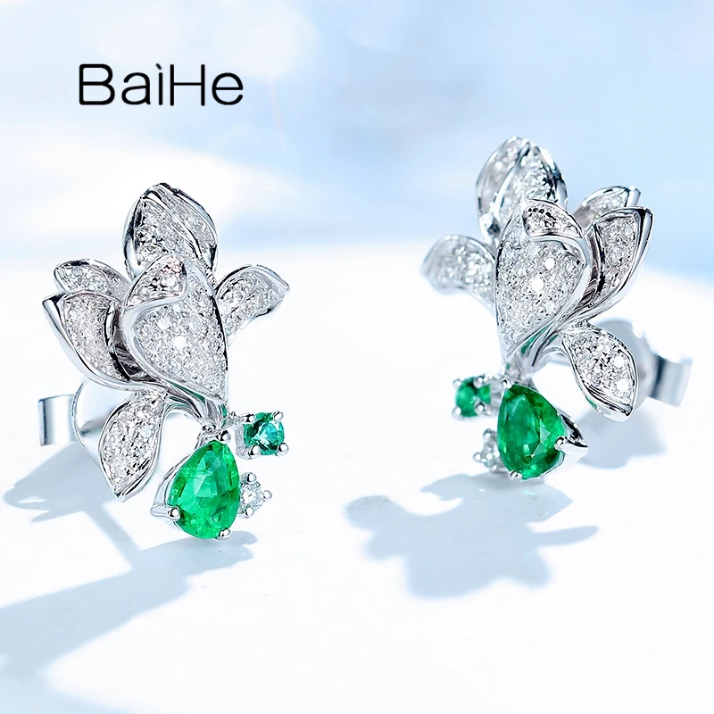 BAIHE Solid 14 К белого золота 0.40ct натуральный изумруд серьги для женщин 0.27ct