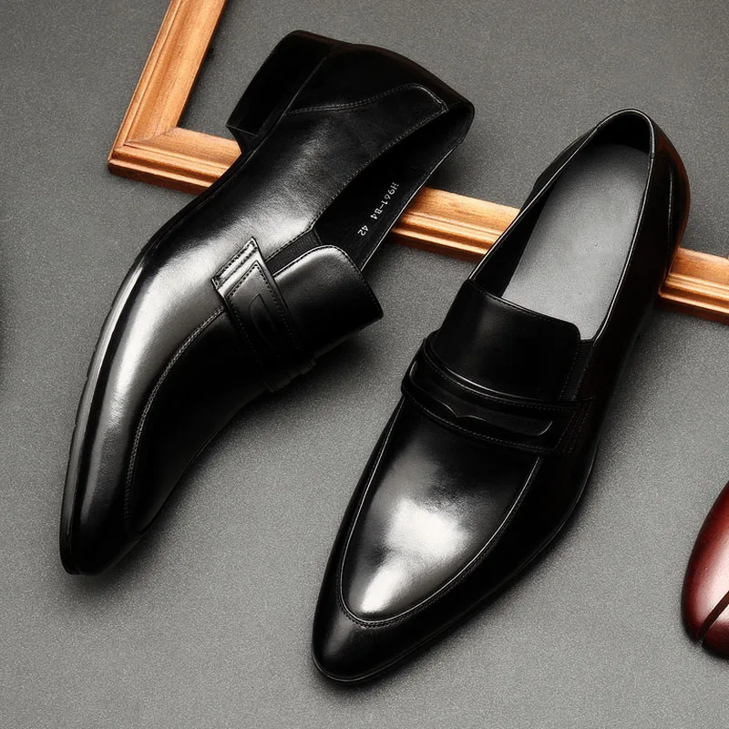 LIAOCHI Spring/Autumn Ostrich Style Black Loafers Pointed Toe Slip-On Genuine Leather Wedding Oxford Dress Office Mens Shoes