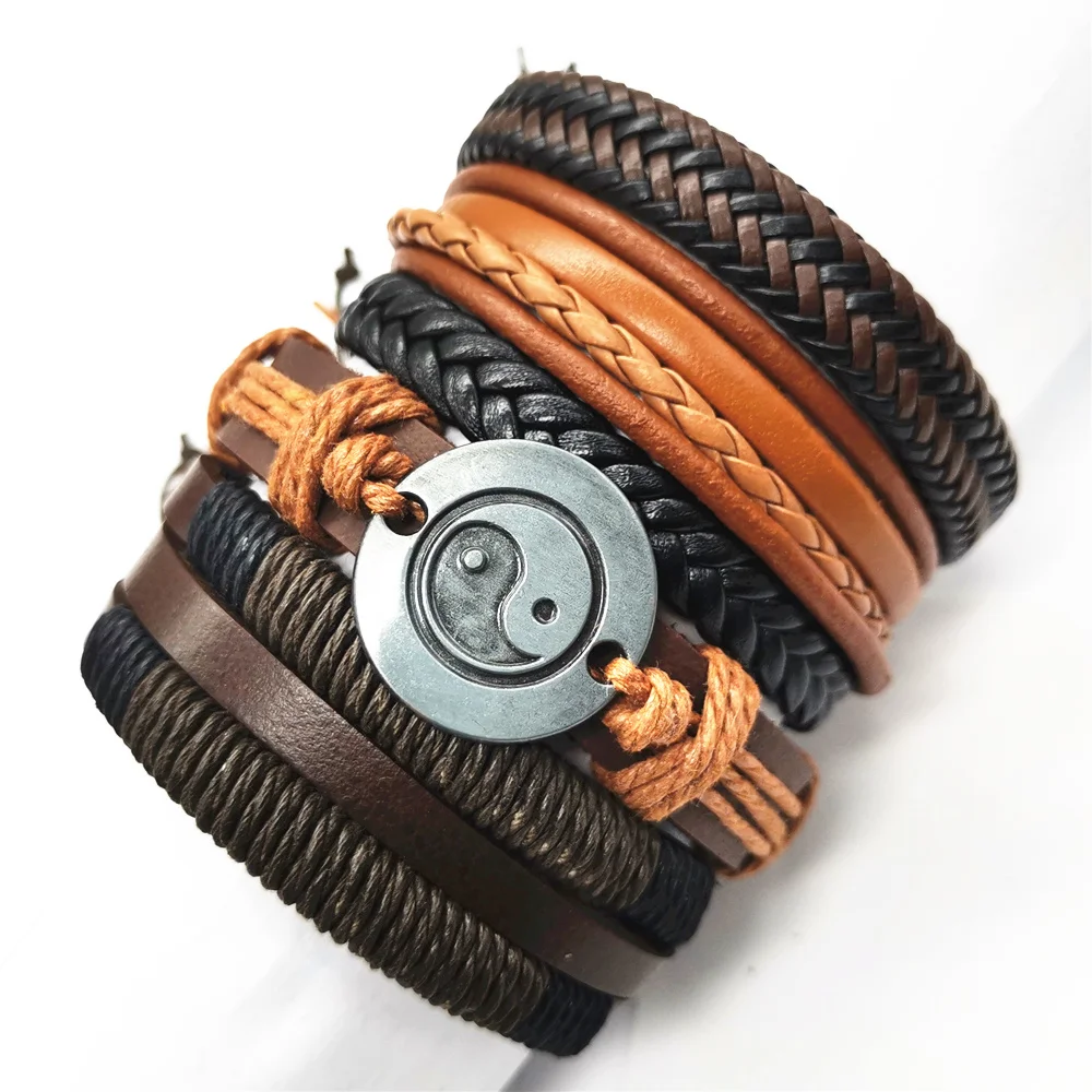 Khaki Taichi Wing Blade Black Feather Men Bracelets 5pcs/set Wrap Cuff Bangle Leather Women Jewelry Accessories | Украшения и