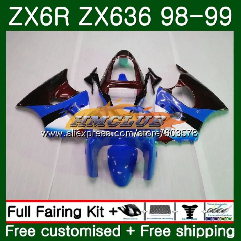 Корпус для KAWASAKI ZX-6R ZX-636 ZX600 ZX600CC 98 99 цвет синий, черный; большие размеры 105CL. 86 600CC ZX636 ZX6R 98 99 ZX 636 ZX 6R 1998 1999 обтекатели