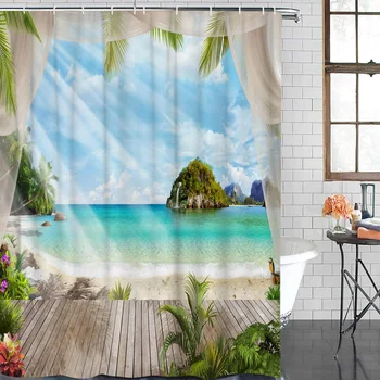 

Blue Sea Curtain Plant Flowers Leaves Bathroom Shower Curtains Bathroom Decor with Hooks Waterproof