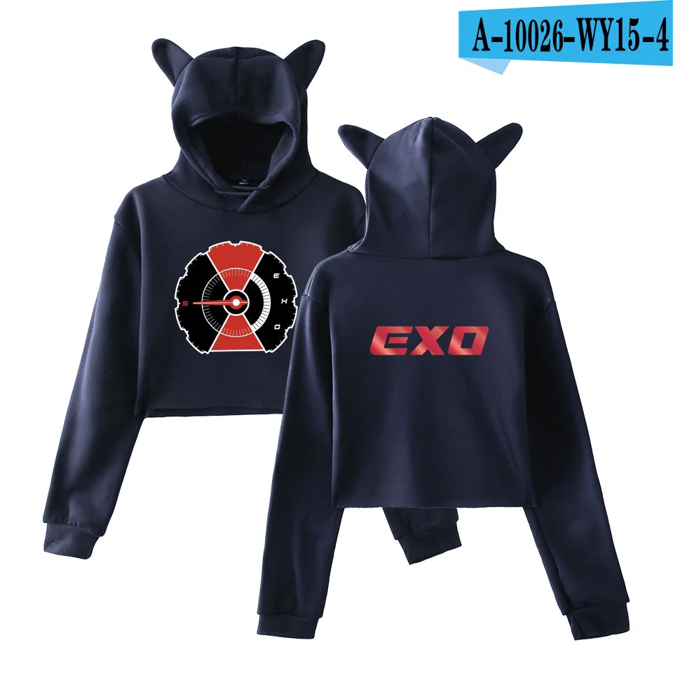 EXO с принтом, в стиле KPOP кошачьими ушками укороченный топ толстовки Для женщин с длинными рукавами Kawaii куртка с капюшоном EXO Повседневное сексуальная одежда Прямая - Цвет: navy