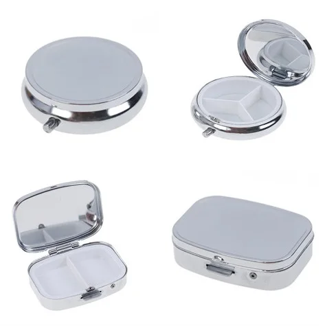 

Portable Durable Silver Metal Round Rectangle Pill Box Drug Holder 2/3 Cell Capsule Box Container Storage Medicine Tablet Travel