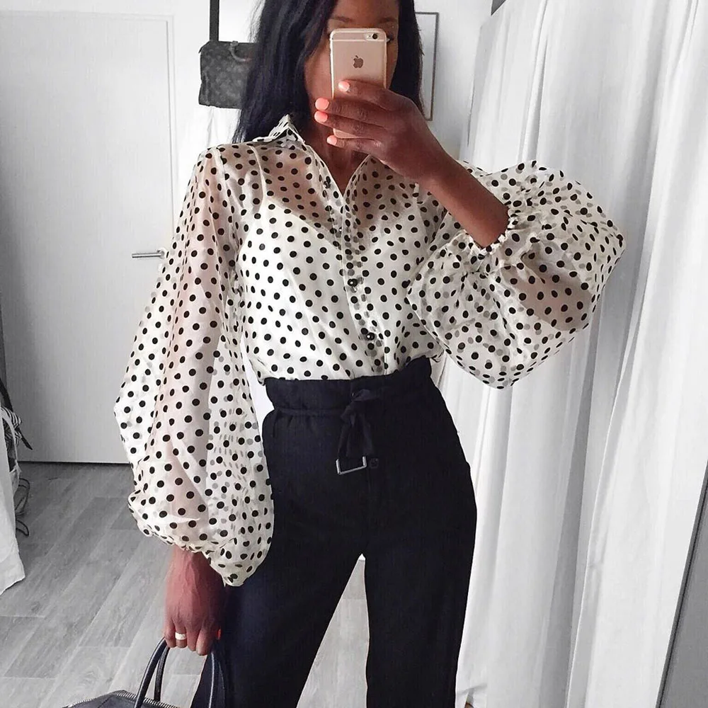 White and black polka dot blouse Clearance