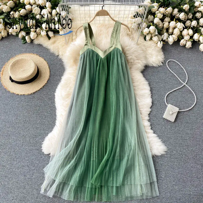 

Women's Summer Dress 2021 Sleeveless Backless Gradient Color Elegant Mesh Dress Pleated Casual Long Dresses Woman Robe
