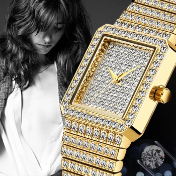 MISSFOX Diamond Watch For Women Luxury Brand Ladies Gold Square Watch Minimalist Analog Quartz Movt Unique Female Iced Out Watch Multan