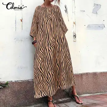 

Summer Dress 2020 Celmia Women Vintage Zebra Striped Print Long Maxi Dresss Casual Loose Flare Sleeve Beach Vestidos Plus Size 7