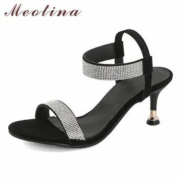 

Meotina Shoes Women Crystal High Heel Sandals Round Toe Stiletto Heels Footwear Ladies Summer Party Sandals Black Plus Size 46