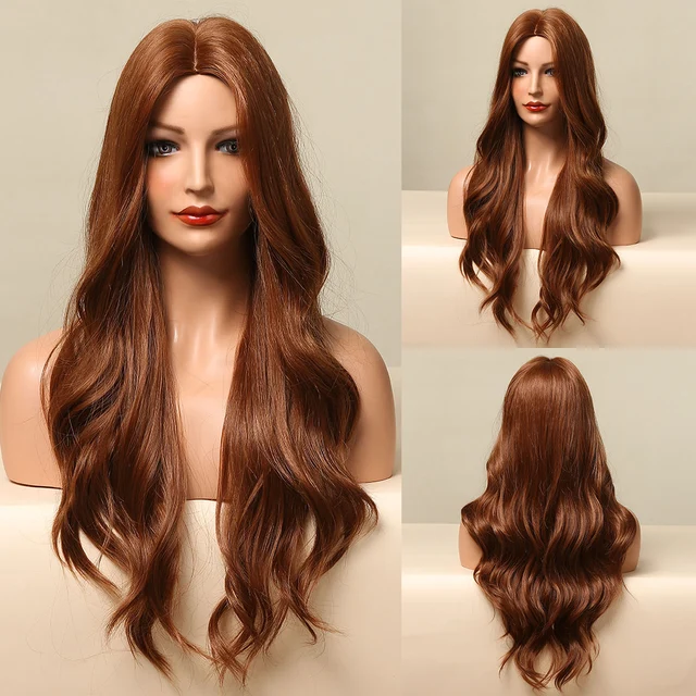 HENRY MARGU Long Black Brown Body Wave Synthetic Wigs Heat Resistant Natural Cosplay Wigs for Women Middle Part Hair Wigs LC5122-1