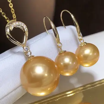 

D401 Pearl Set Fine Jewelry Solid 18K Gold Natural 8-13mm Round Edison Fresh Water Golden Jewelry Sets for Women