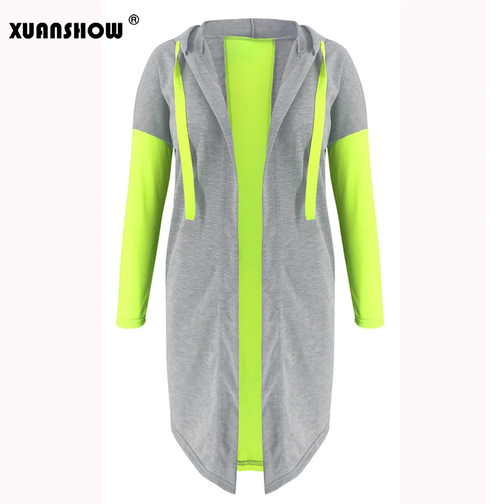 XUANSHOW/Новое поступление осенних толстовок с открытым стежком женские куртки модные Светоотражающие зеленые розовые Лоскутные Длинные женские пальто Mujer - Цвет: Fluorescent Green