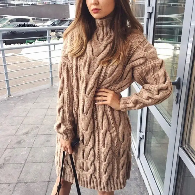 

Women Sweater Dress High Colar Long Sleeve Pure Color Knitted Pullover Autumn Winter Casual Sweaters Female Pullovers