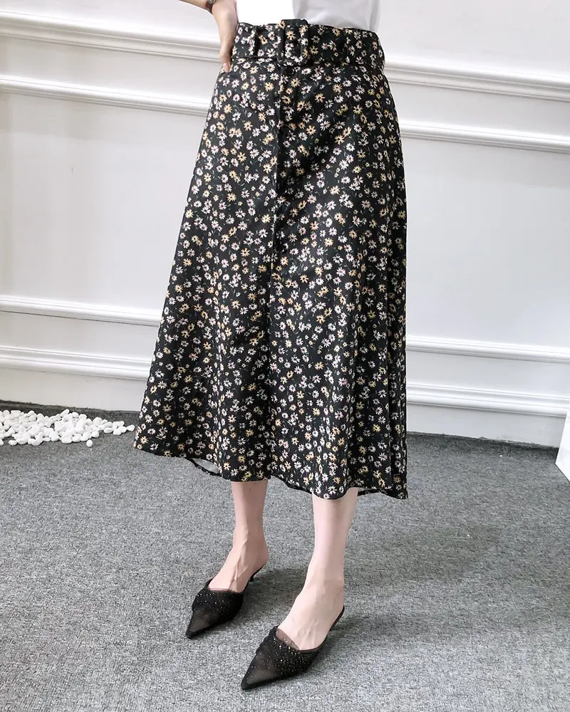 Women fashion floral print sashes midi skirt faldas mujer ladies single buttons irregular vestidos casual chic skirts QUN489