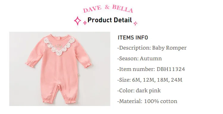 DBH11324 Dave bella/Модный комбинезон для новорожденных девочек; милая Одежда для младенцев с цветочным рисунком; детский осенний комбинезон; 1 предмет