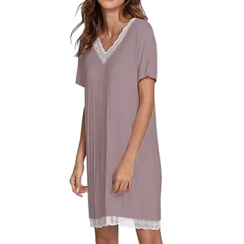 

Women Nightgowns Cotton Modal Summer Solid Lace Splice V-neck Short Sleeve Night Dress Underwear Women Night Gown Sleepshirts
