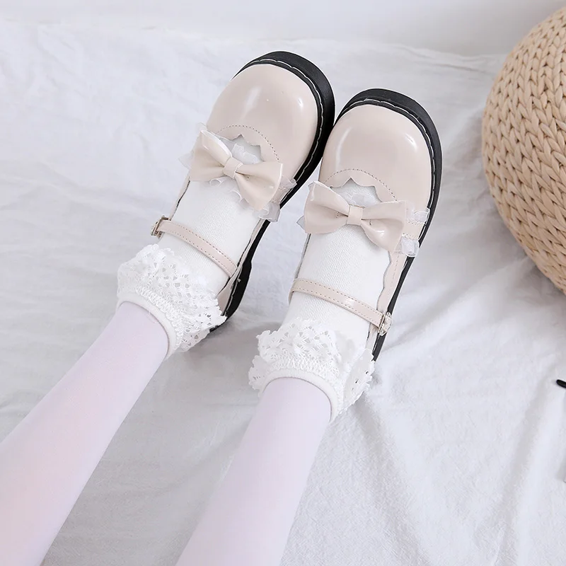 Милые туфли Лолиты в японском стиле; милые женские туфли в стиле Харадзюку с толстой подошвой и круглым носком; милые туфли принцессы в стиле Лолиты; обувь из искусственной кожи для девочек - Цвет: beige