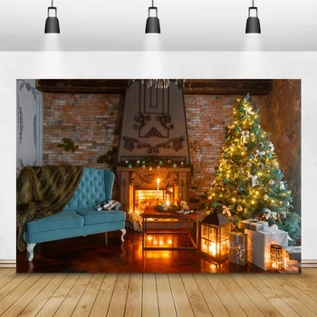 

Laeacco Christmas Tree Lights Fireplace Gifts Sofa Interior Photography Backdrops Backgrounds Family Portrait Photocall Props