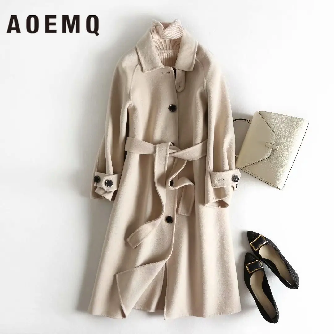 AOEMQ Модные женские макси комплекты осень зима сезон шерсть теплое пальто модель длинное пальто с поясом женский комплект одежды