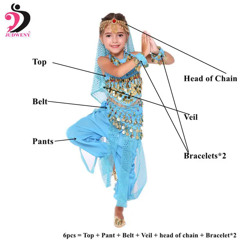 Детский набор костюма для танца живота Индийский Болливуд Восточный Египетский танец живота юбка для девочек танец живота топ брюки хип шарф - Цвет: Ocean Blue 6pcs