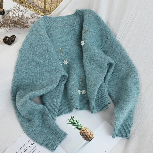 Lake Blue Neploe корейский дизайн с бисером Pull Femme Hiver толстый теплый пуловер с круглым вырезом и длинными рукавами свитер сплошной Свободный вязаный Sueter Winter48246 - Цвет: Lake Blue