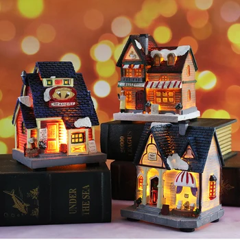 

Christmas Tiny Landscape Village House Resin Winter Snow Houses Decorations For Christmas Creative Mini Lighting House Decor