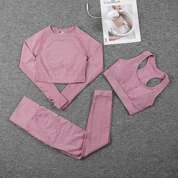 

3pcs Sportswear Suits Yoga for Women Fitness Long Sleeve Shirt Sports Bras Seamless Leggings Gym Wear Running Clothing,LF060