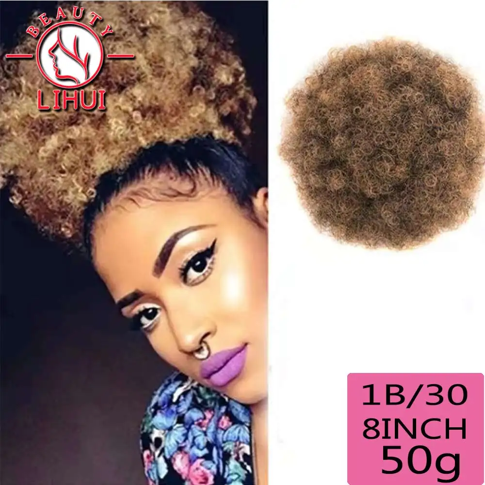 

Synthetic Clip in Hair Bun Hairpiece Puff Afro Curly Drawstring Ponytails For Black Women 8Inch Gold Black Short Hair lihui