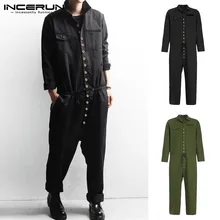 INCERUN, мужские комбинезоны Карго, уличная одежда, длинный рукав, на пуговицах, повседневные, одноцветные,, с отворотом, комбинезоны, Мужские штаны, стильные комбинезоны размера плюс
