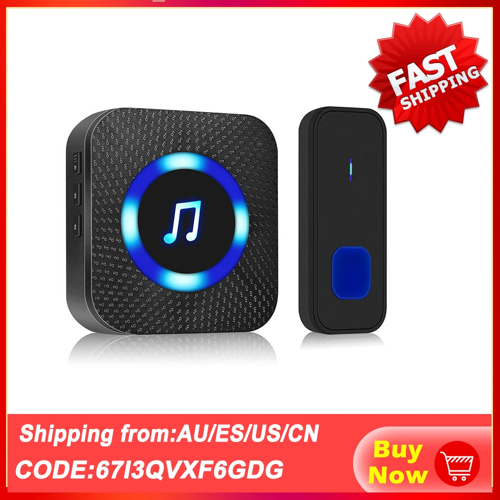 Timbre de puerta inalámbrico con luz LED inteligente, timbre con 1 botón y 1 receptor, resistente al agua, para llamadas, enchufe para la UE, Reino Unido y EE. UU.