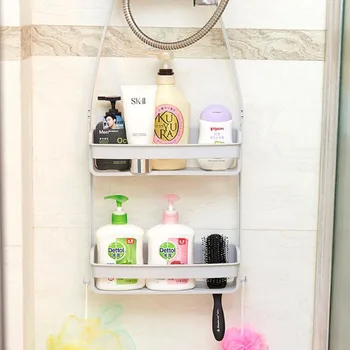 

Bathroom Double Layers Hanging Shelf Bath Supplies Storage Rack Plastic DIY Shower Organiser Holder Tidy Kitchen Storage