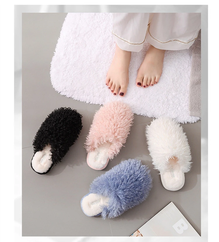 Luxury Chic Curly Fur House Slippers For Women Floor Winter Warm