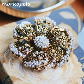 

Morkopela Vintage Filigree Flower Brooch For Women Pearls Large Blossom Pins Scarf Clothes Clip Pin Banquet Brooches Jewelry
