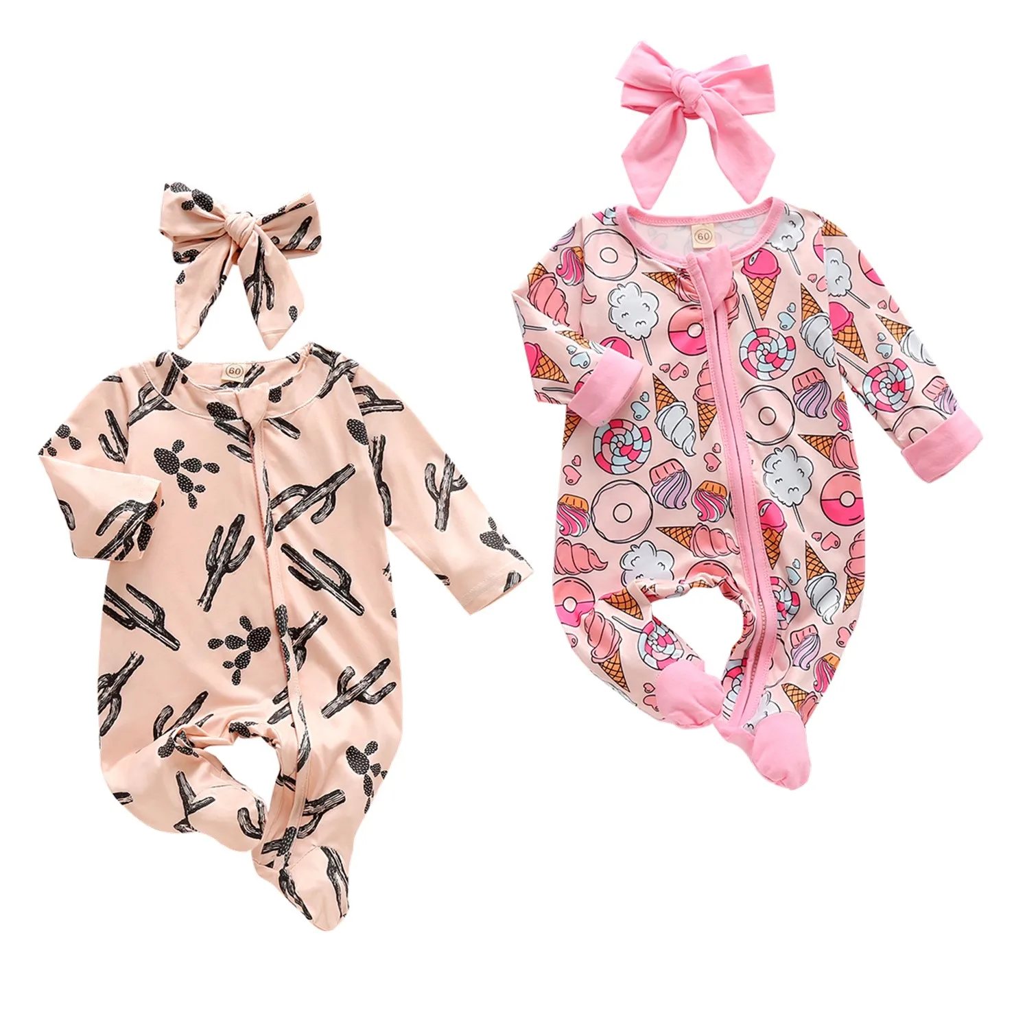 

2020 New Fall Autumn Newborn Baby Girls 2Pcs Set Cute Cactus /Ice Cream Print Long Sleeve Zipper Footies+Headband Clothes