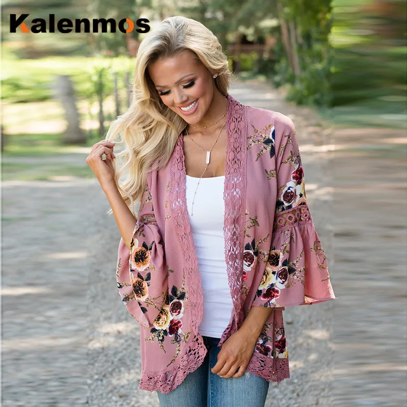 Otoño abierto StitchLace chaqueta mujer moda Cardigan Flare manga impresa Floral Thin Coat Ladies remiendo con huecos prendas vestir 2019|chaquetas básicas| - AliExpress