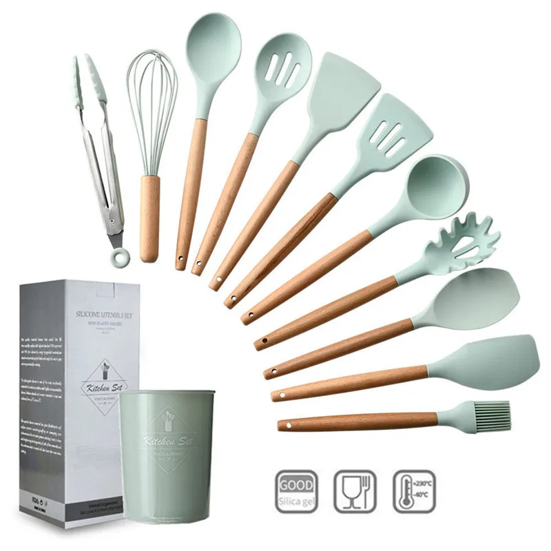 12 шт силиконовые инструменты для приготовления пищи набор кухонной посуды с держателем деревянные ручки кухонные гаджеты для антипригарной посуды зеленый - Цвет: 12-Piece