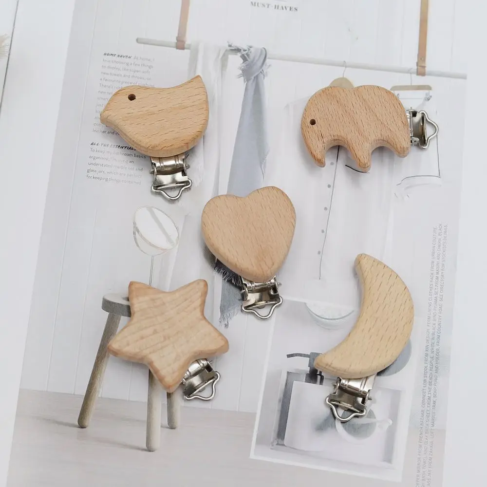 5Pcs/Set Kawaii Newborn Beech Wood Pacifier Clip Holder Elephant Baby Clasps Holders DIY Preferred Nipple Chain Accessories