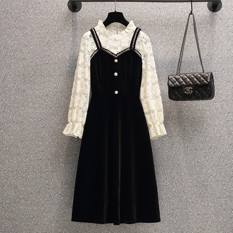 

EHQAXIN Autumn Ladies Korean A-Line Round Neck Stitching Dress High Waist Slim Long Skirt French Retro Gentle Style