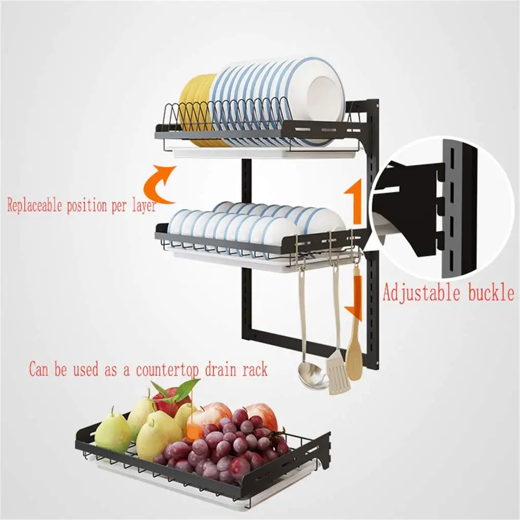 Escurridor de platos de cocina de acero inoxidable 304, organizador de  secado de montaje en pared colgante de 2/3 niveles para platos, cuencos,  tazas