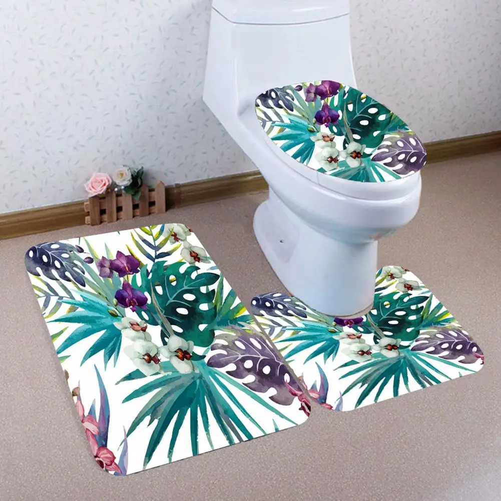 

HobbyLane 3PCS Non-slip Bathroom Set with Tropic Plant Pattern O-shape Toilet Cover U-shape Mat Rectangle Carpet Decoration